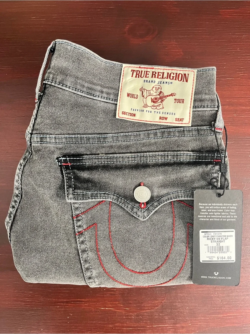 True Religion Ricky SN Flap Relaxed Straight Jeans Men’s Size 32x29  Gray $164